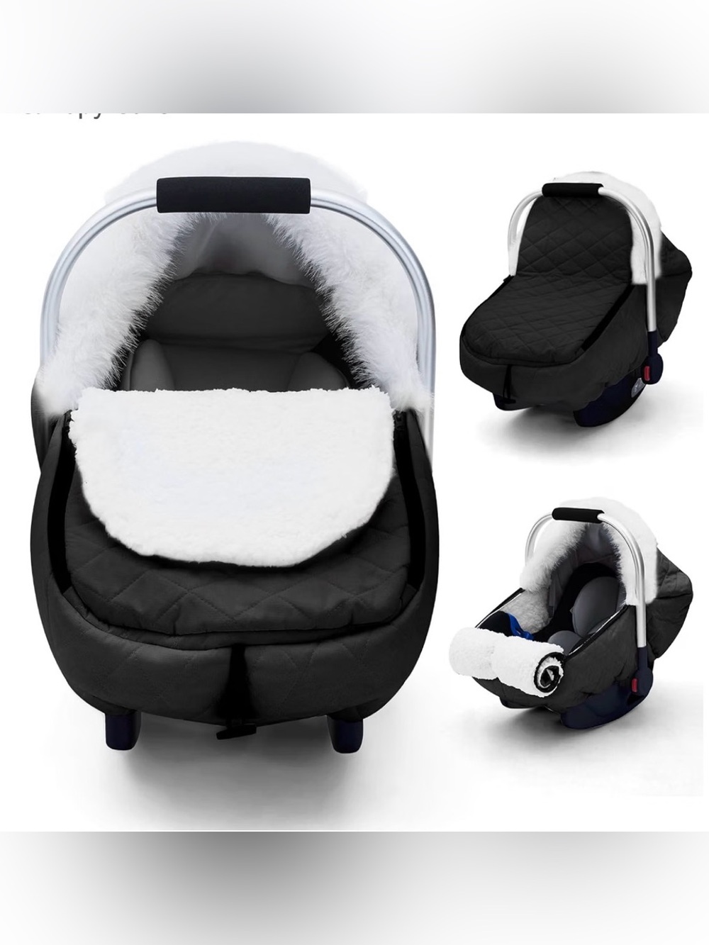 Black Quilted Infant Car Seat Footmuff with White Faux Fur Lining